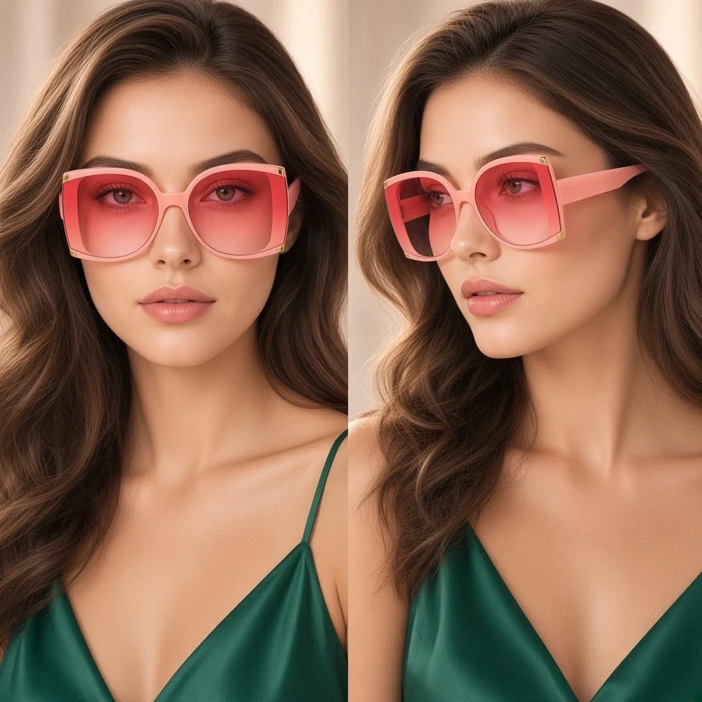 Oversized Square Pink Gradient Sunglasses Gold Stud Accent Peach Frame Women